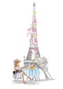Design with the Eiffel tower and girls, flowers in romantic Paris.